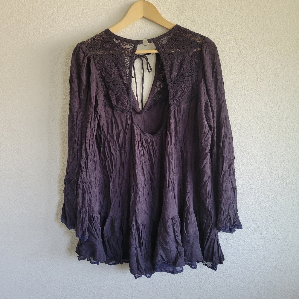 Free People Purple Bell Sleeve Tunic Dress Tie V-Neck Womens Size S - Picture 6 of 9